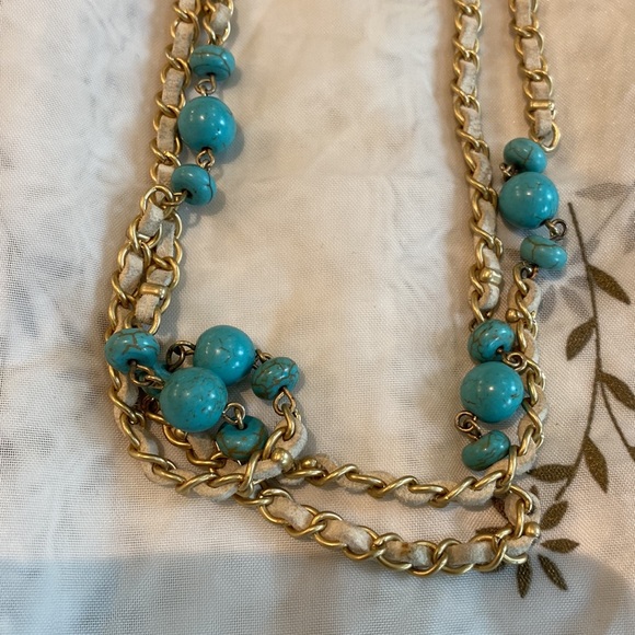 Lia Sophia gold tone necklace with teal blue beads and leather accents. - Picture 4 of 5